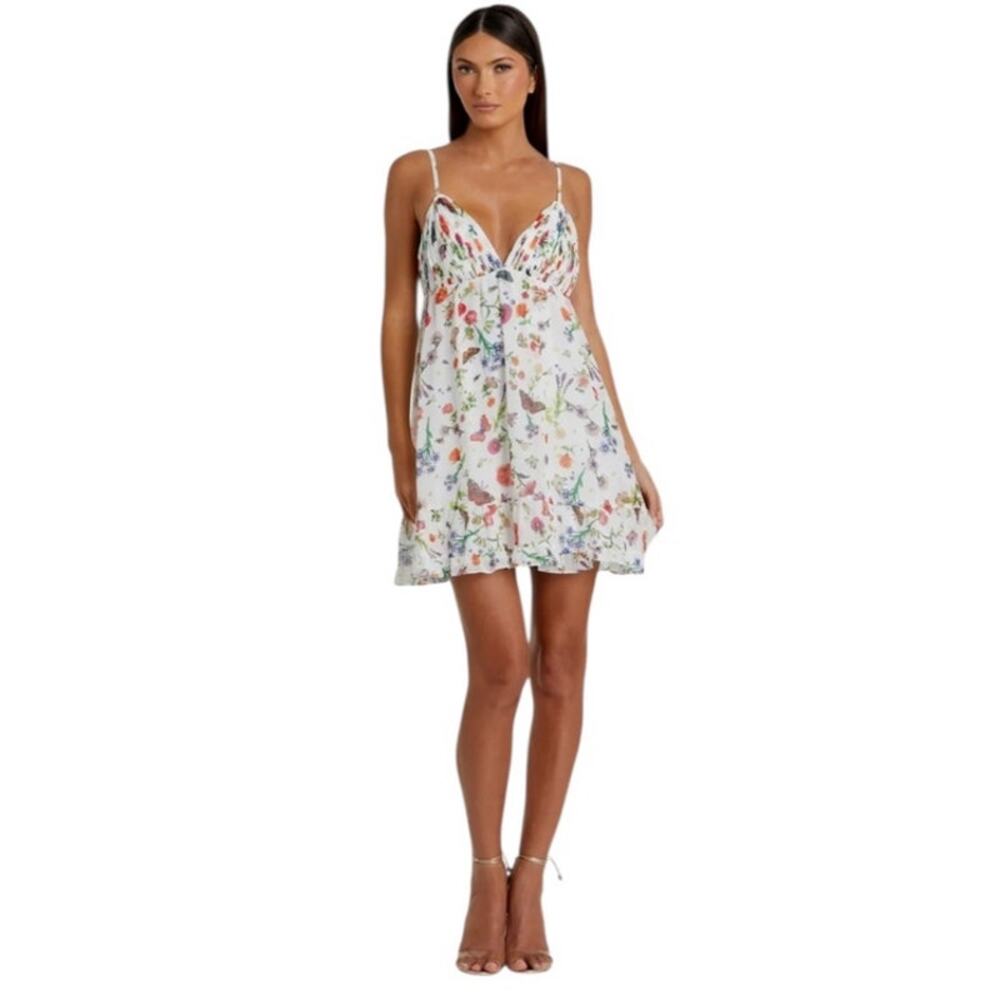 Mac Duggal Size 6 NEW Style 70197 White Butterfly Print Ruffle Hem Mini Dress